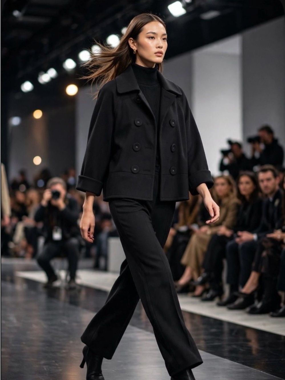 Sandro Black Double-Breasted Cropped Pea Coat Sz.M EUC